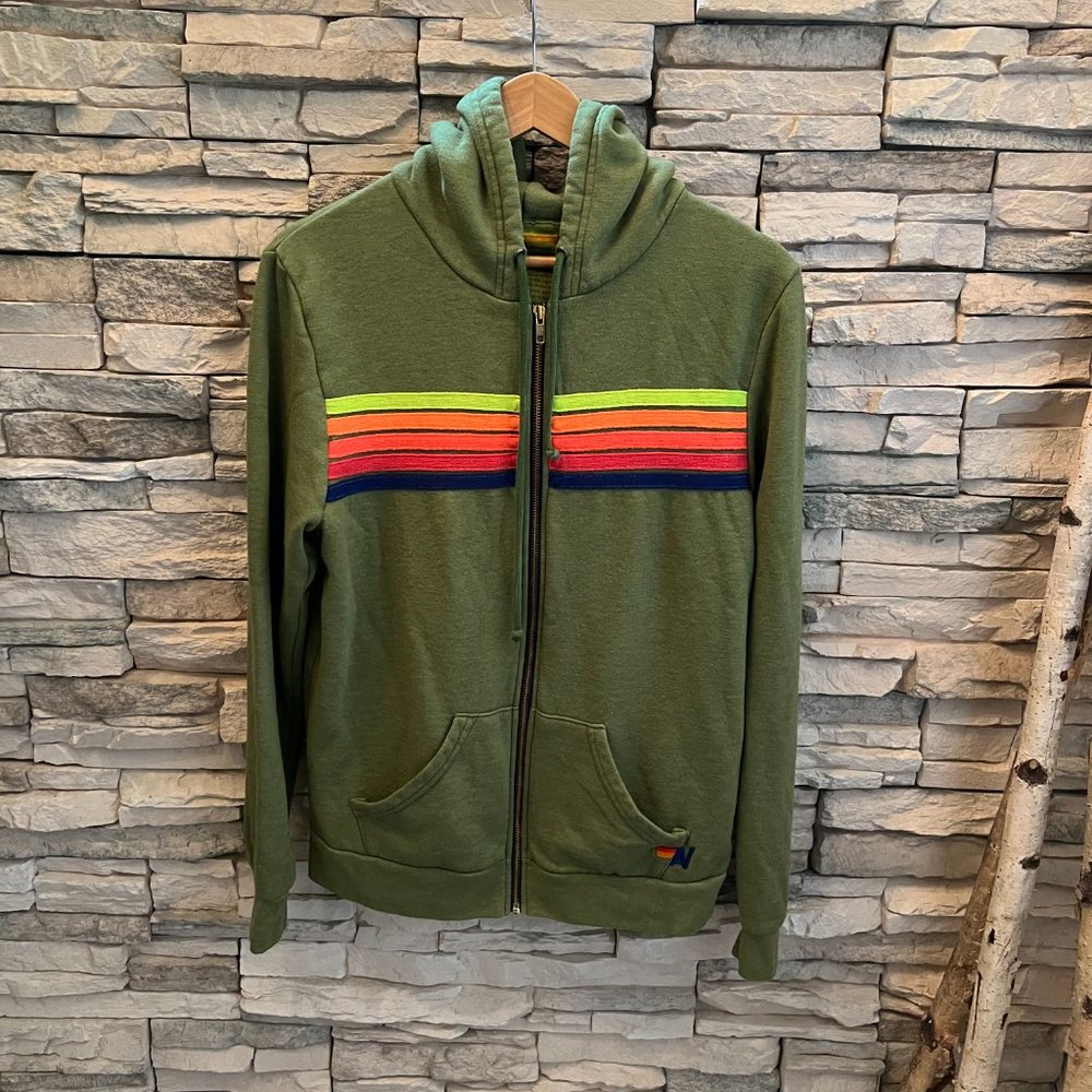 Aviator Nation Jungle Green // Neon Stripe Hoodie sz Large Unisex